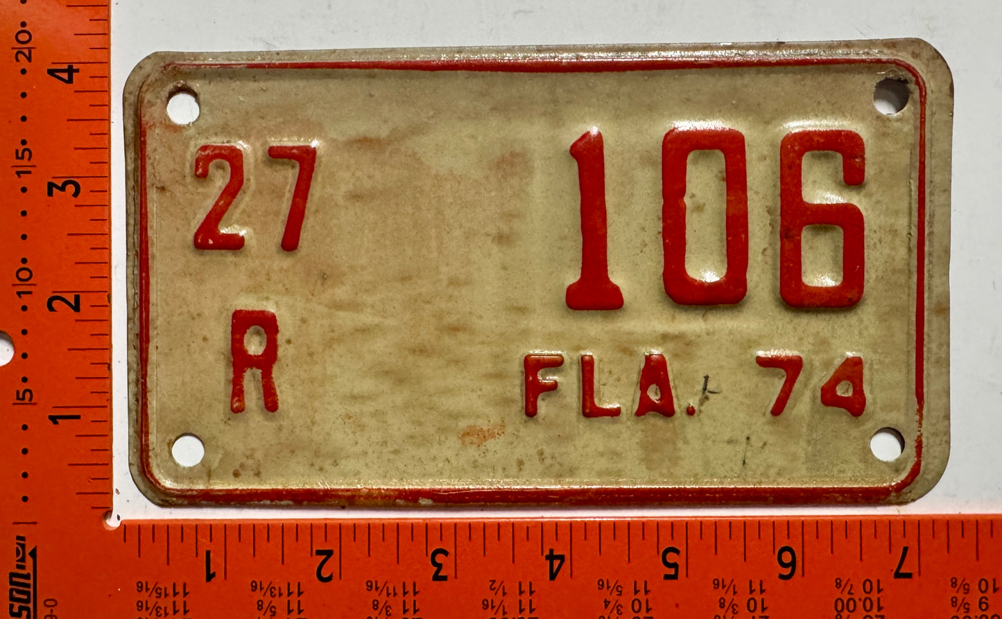 1974 Florida #27/R 106 Motorcycle License Plate