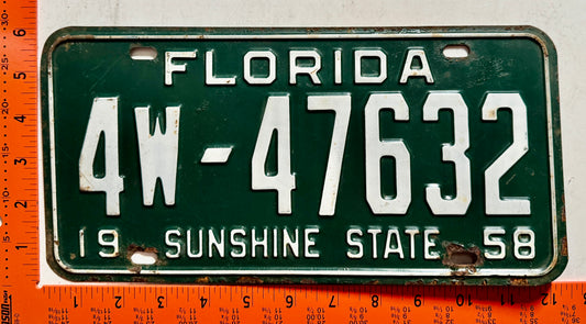 1958 Florida #4W-47632 Passenger License Plate