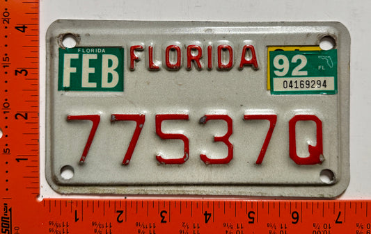 1992 Florida #77537Q Motorcycle License Plate