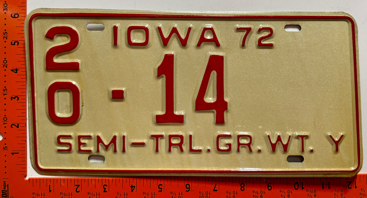 1972 Iowa #2/0 14 Semi-Trailer License Plate