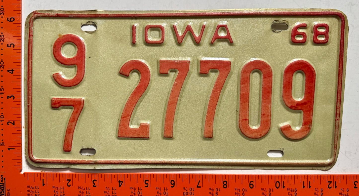 1968 Iowa #9/7 27709 Passenger License Plate