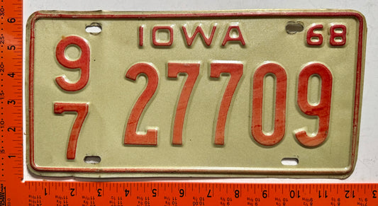 1968 Iowa #9/7 27709 Passenger License Plate