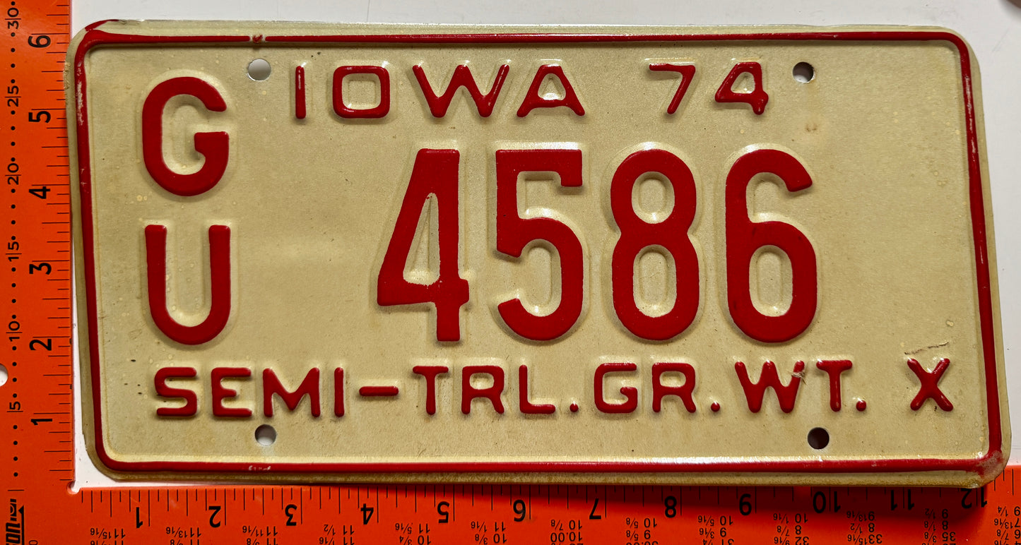 1974 Iowa #G/U 4586 Semi-Trailer License Plate