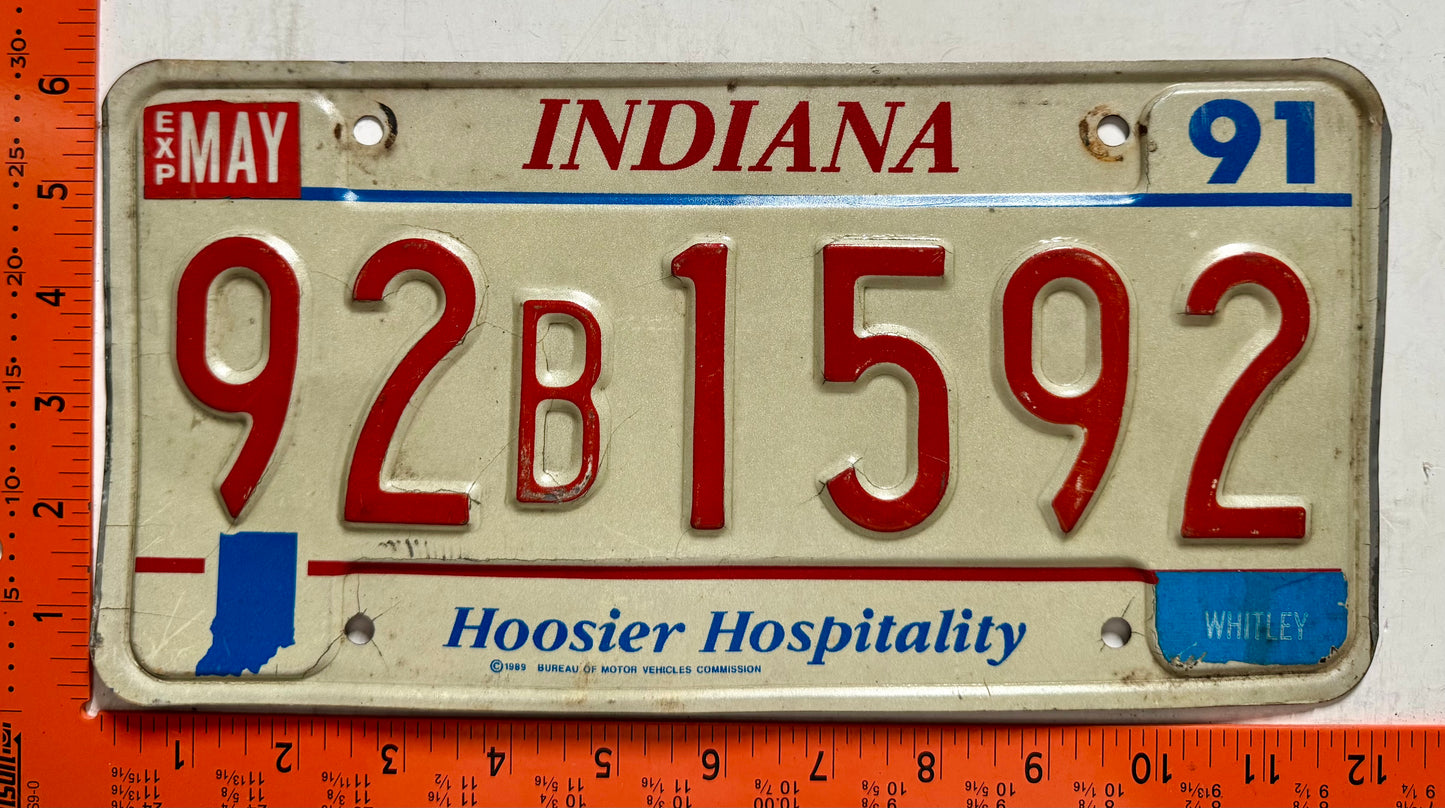 1991 Indiana #92B1592 Passenger License Plate