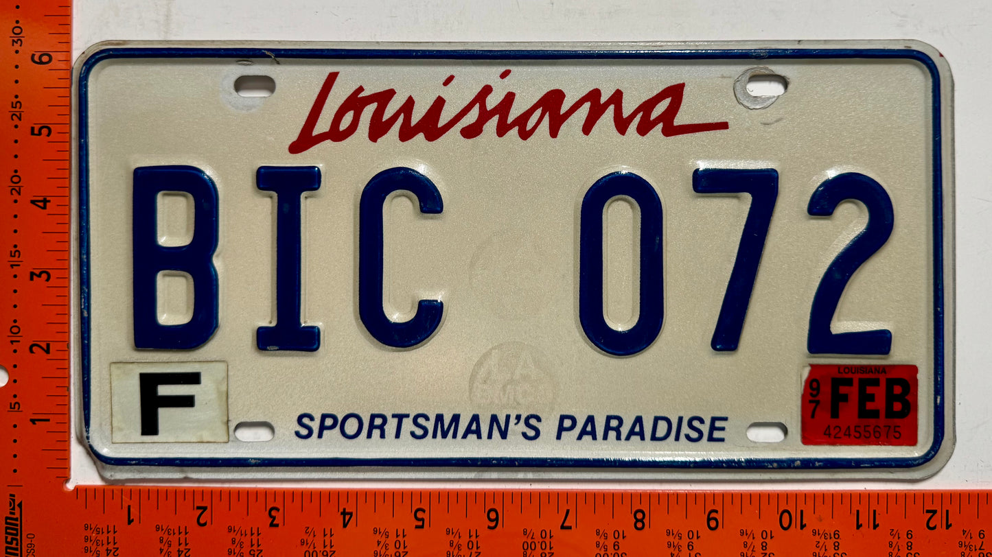 1997 Louisiana #BIC 072 Passenger License Plate