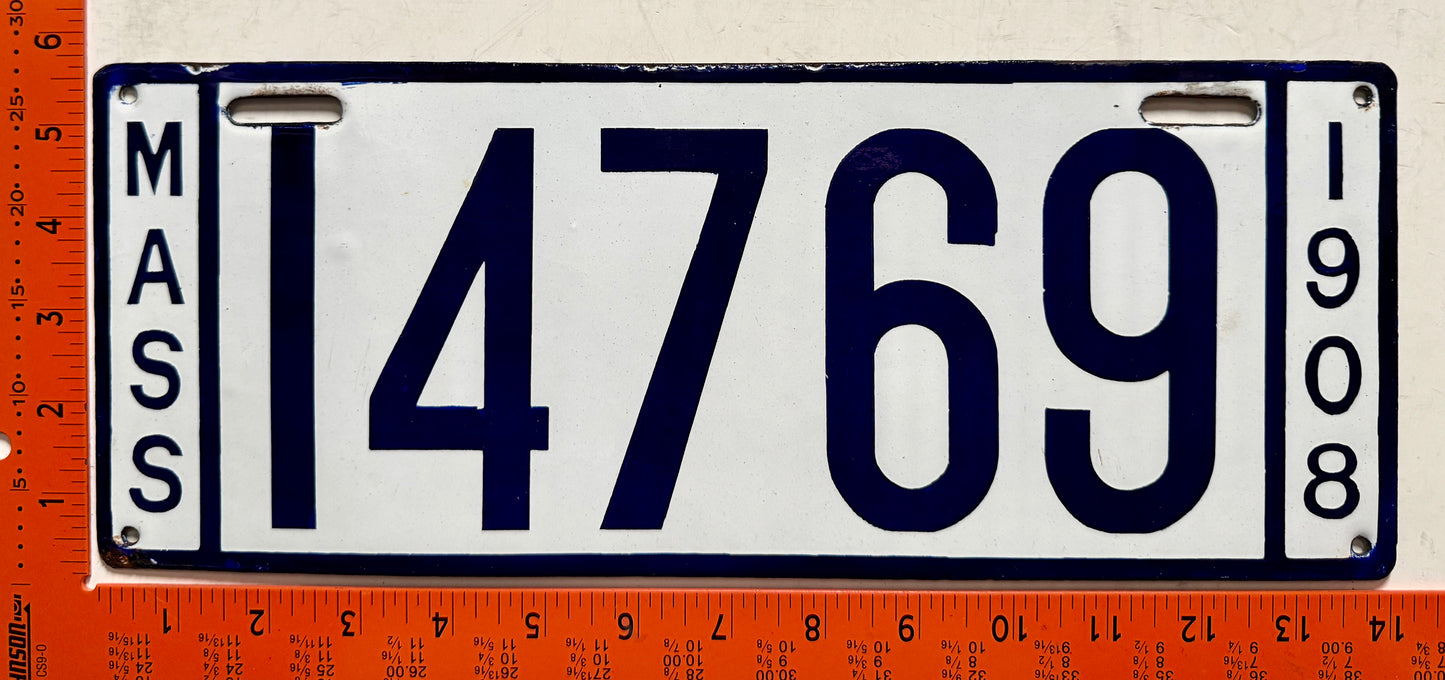 1908 Massachusetts #14769 Passenger License Plate (Porcelain)