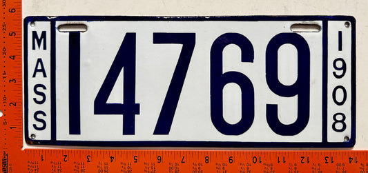 1908 Massachusetts #14769 Passenger License Plate (Porcelain)