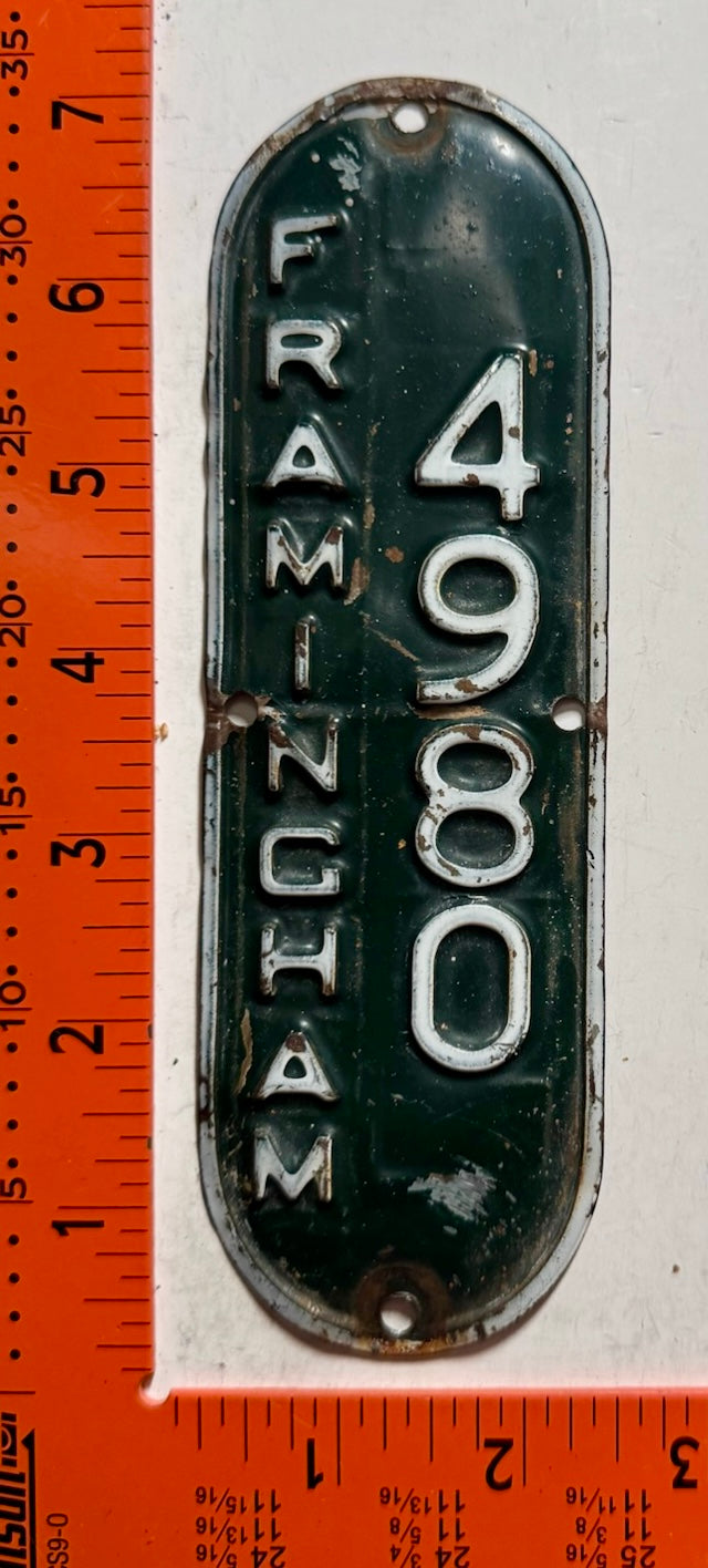 undated Framingham, Massachusetts #4980 Bicycle License Plate