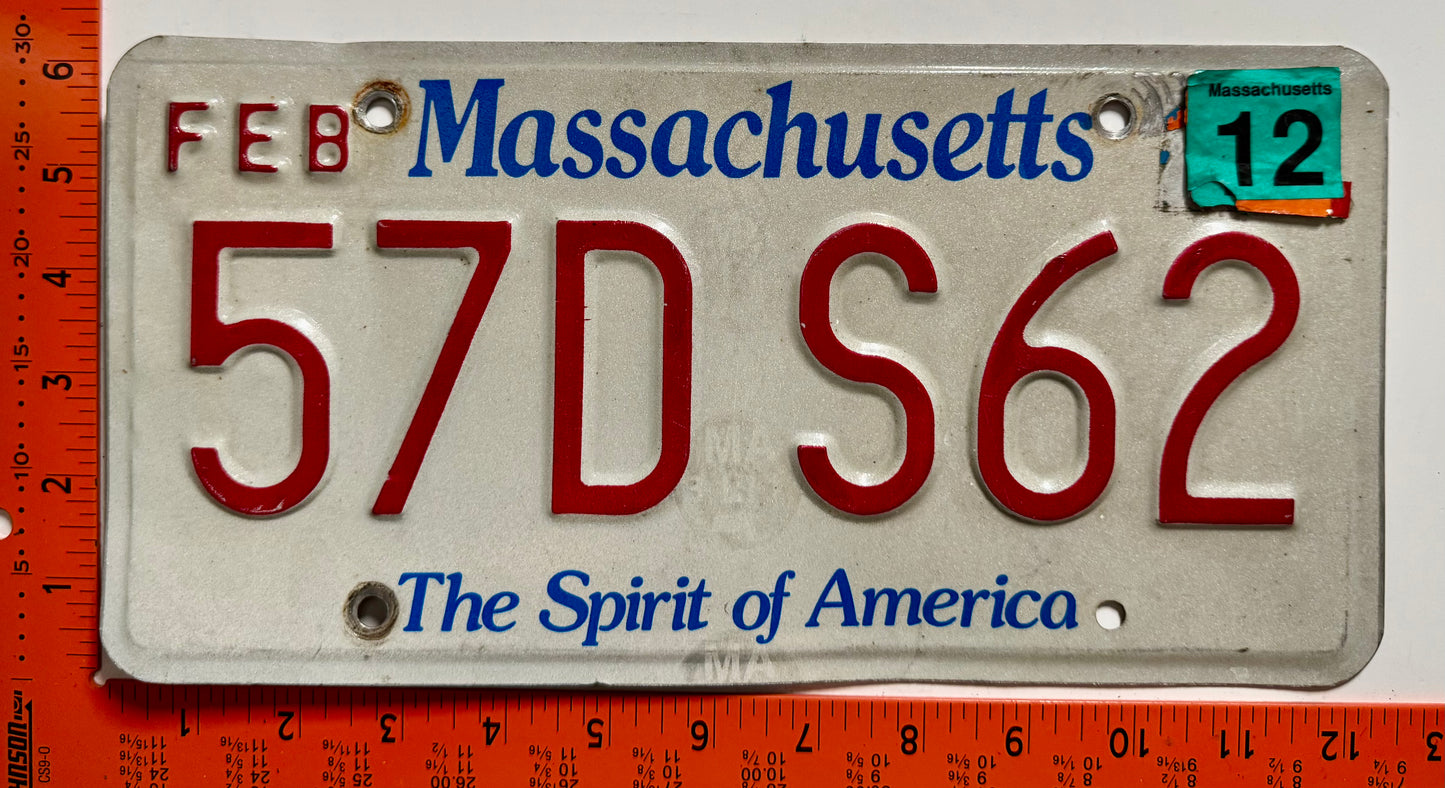 2012 Massachusetts #57D S62 Passenger License Plate