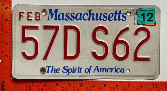 2012 Massachusetts #57D S62 Passenger License Plate