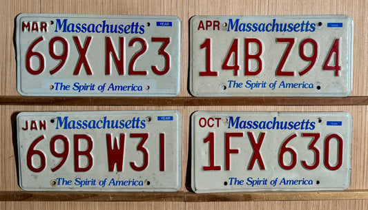 4-pack of undated Massachusetts Passenger License Plates (Craft)