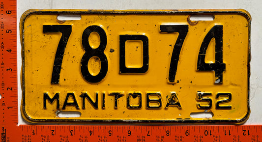 1952 Manitoba #78D74 Passenger License Plate