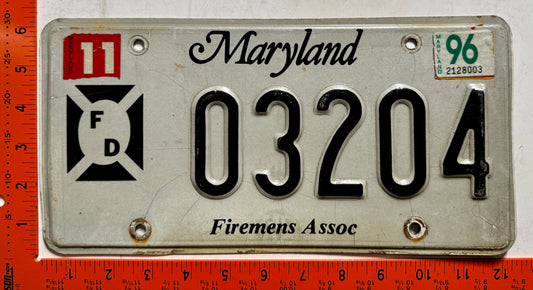 1996 Maryland #03204 Firemen's Association License Plate