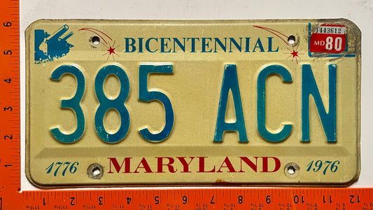 1980 Maryland #385 ACN Passenger Bicentennial License Plate