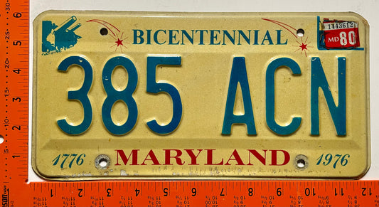 1980 Maryland #385 ACN Passenger Bicentennial License Plate