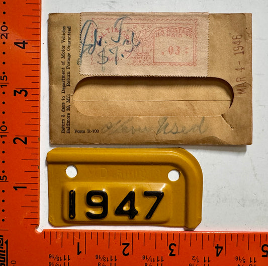 1947 Maryland #MD 500213 Passenger License Plate Date Tab (NOS)