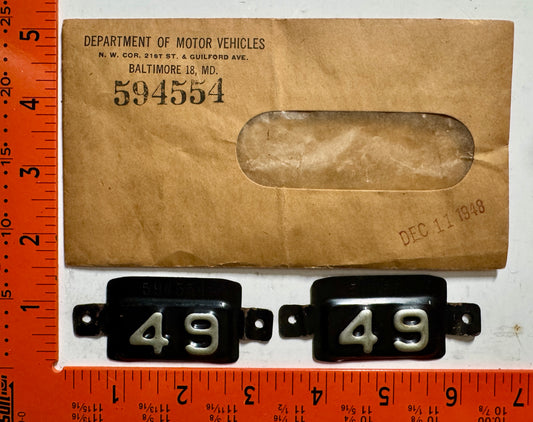 1949 Maryland #594554 Passenger License Plate Date Tab (PAIR)