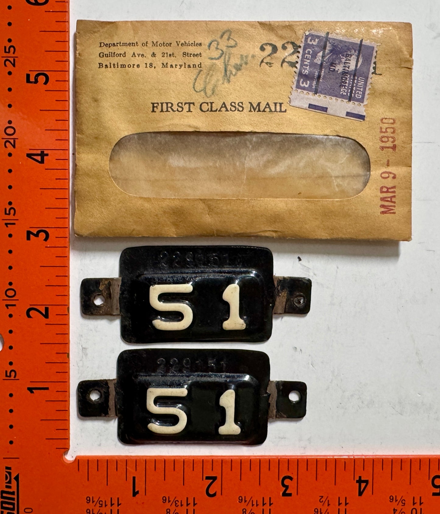 1951 Maryland #229151 Passenger License Plate Date Tab (PAIR)