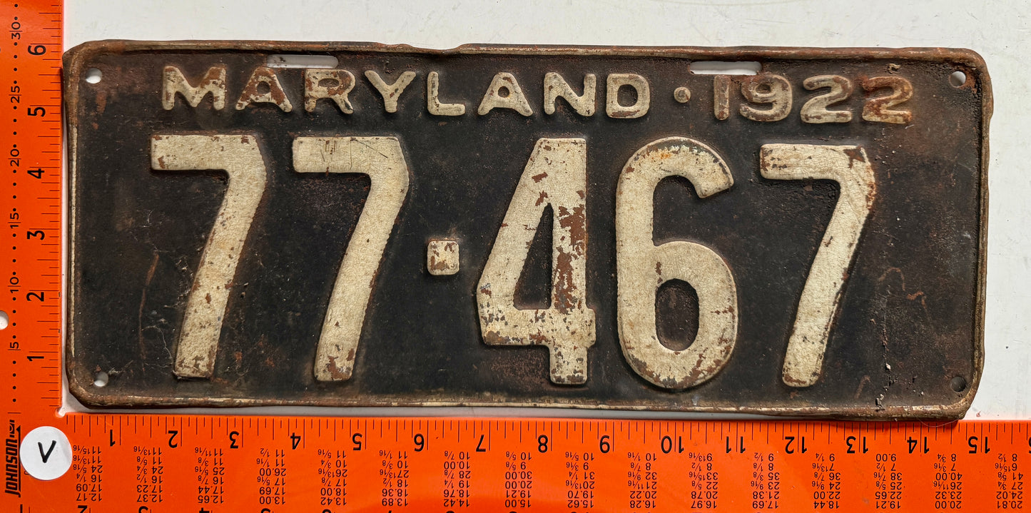 1922 Maryland #77-467 Passenger License Plate