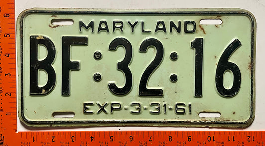 1961 Maryland #BF:32:16 Passenger License Plate
