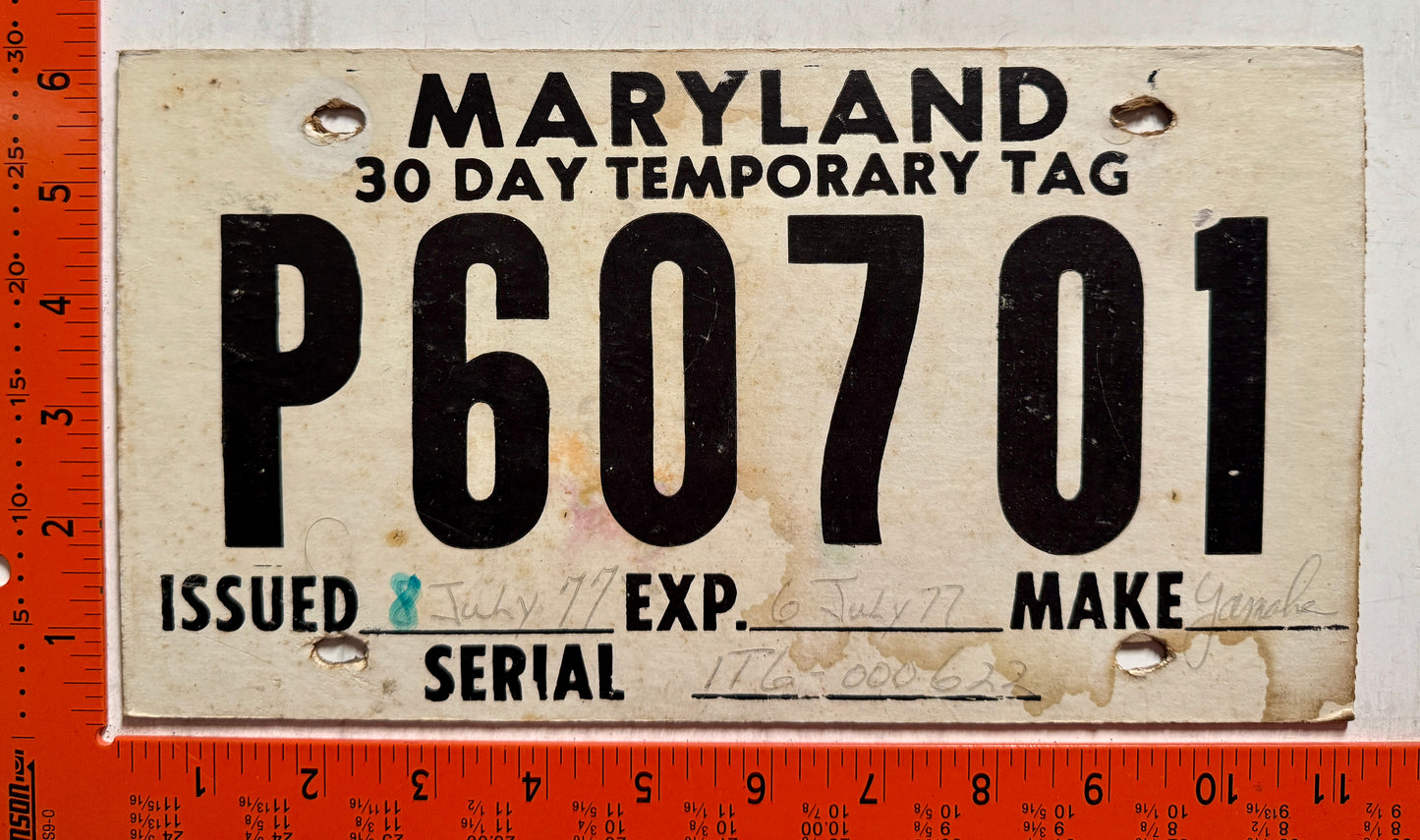 1977 Maryland #P60701 Temporary License Plate