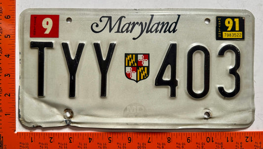 1991 Maryland #TYY 403 Passenger License Plate
