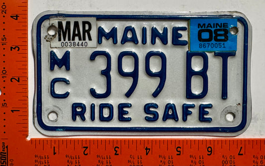 2008 Maine #399 BT Motorcycle License Plate