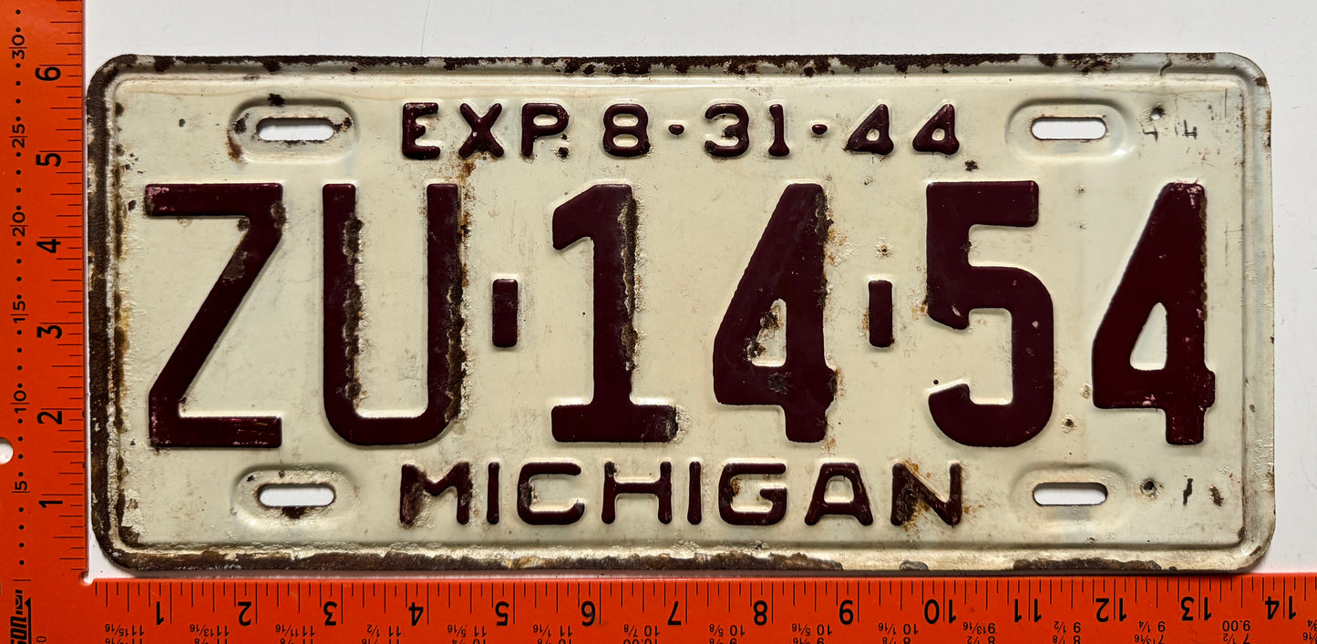 1944 Michigan #ZU-14-54 Passenger License Plate