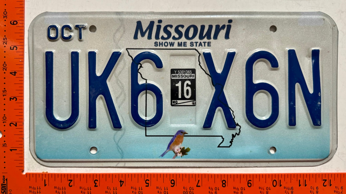 2016 Missouri #UK6 X6N Passenger License Plate