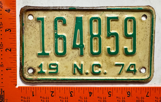 1974 North Carolina #164859 Motorcycle License Plate