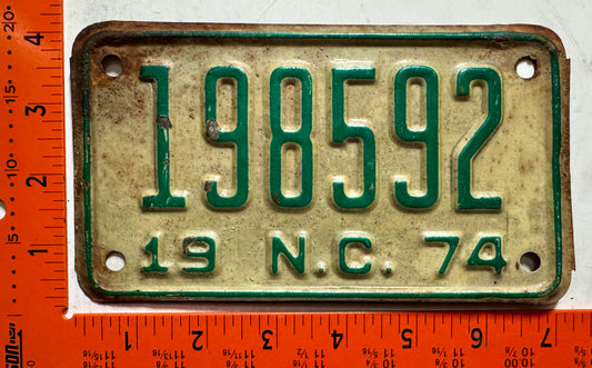 1974 North Carolina #198592 Motorcycle License Plate