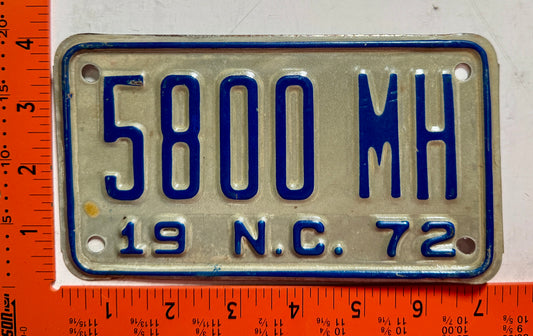 1972 North Carolina #5800 MH Motorcycle License Plate