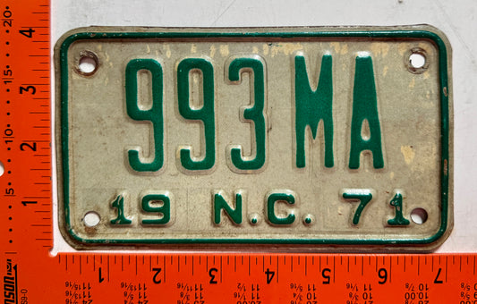 1971 North Carolina #993 MA Motorcycle License Plate