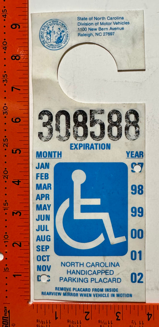1997 North Carolina Handicapped Parking Permit