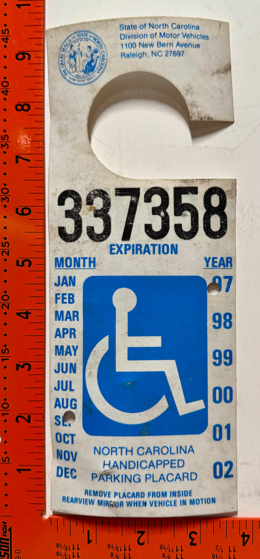 1997 North Carolina Handicapped Parking Permit