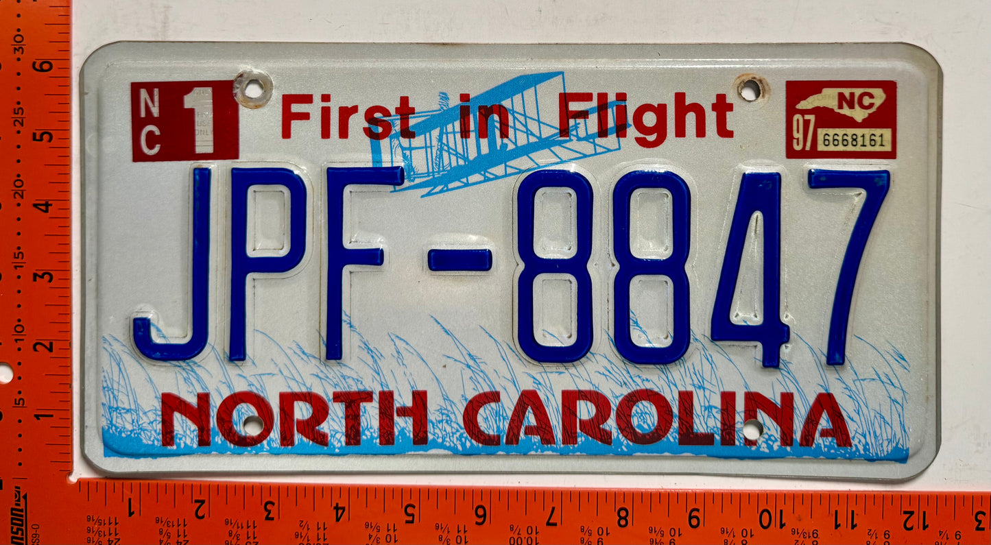 1997 North Carolina #JPF-8847 Passenger License Plate
