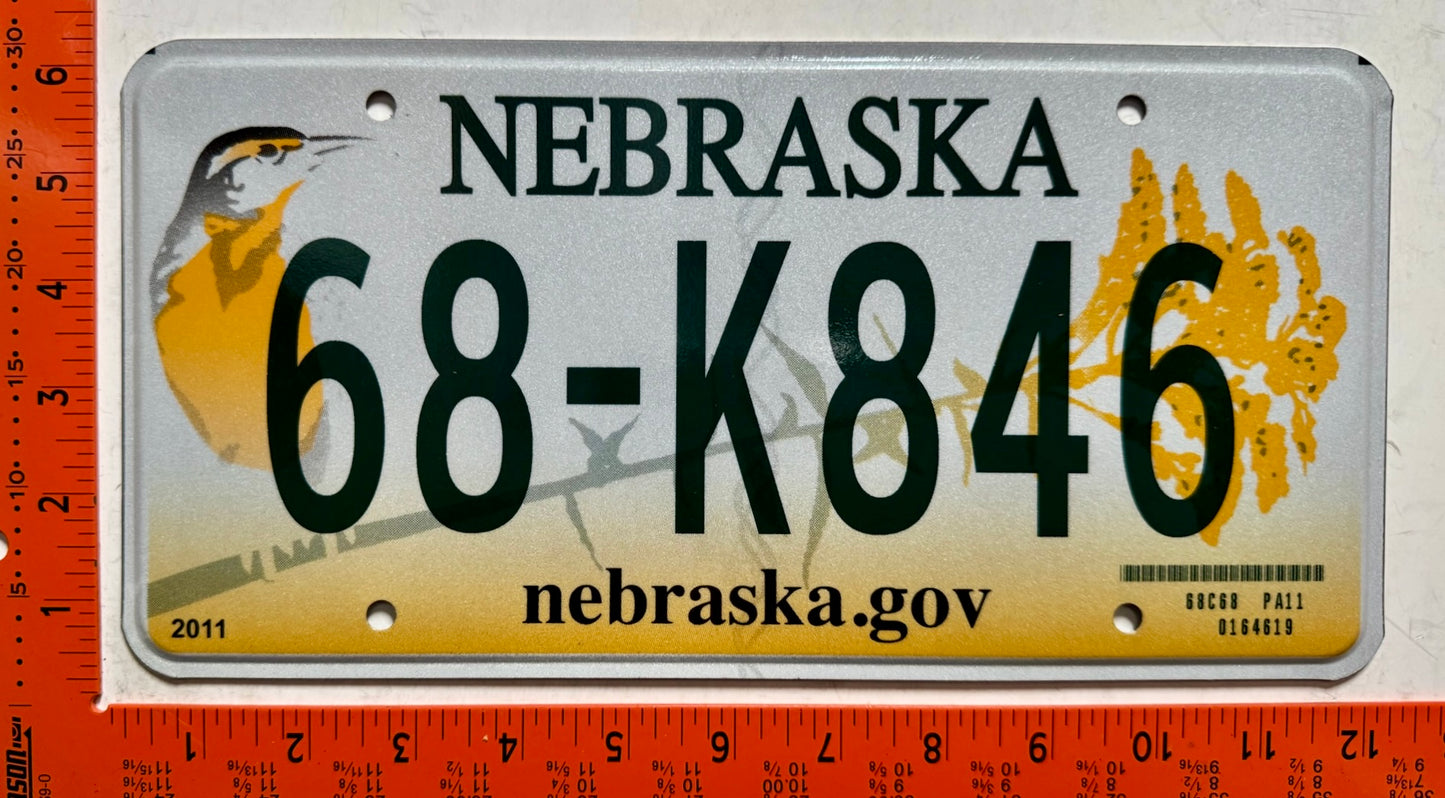 2011 base Nebraska #68-K846 Passenger License Plate