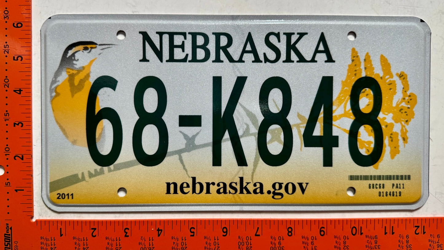 2011 base Nebraska #68-K848 Passenger License Plate