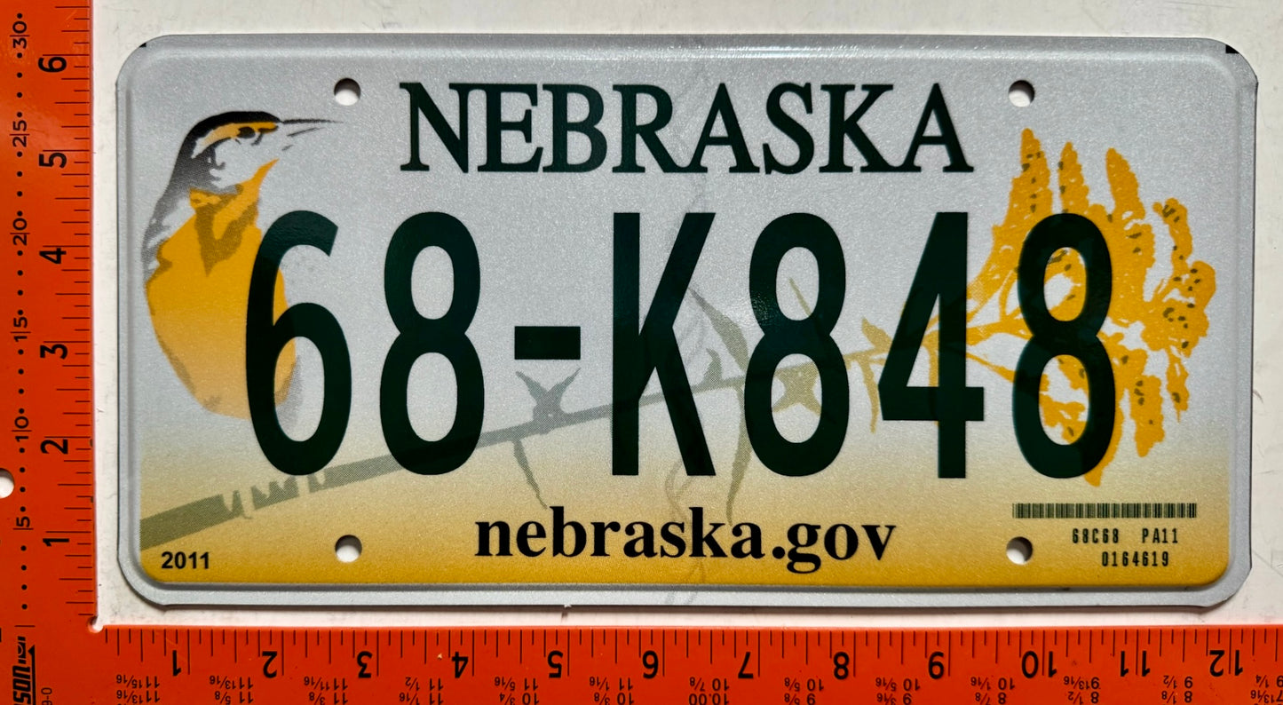 2011 base Nebraska #68-K848 Passenger License Plate
