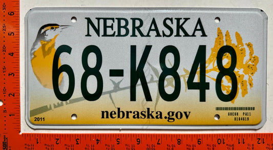 2011 base Nebraska #68-K848 Passenger License Plate