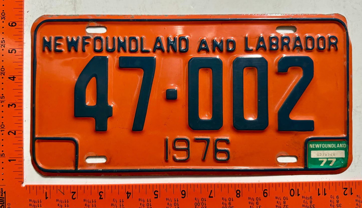 1977 Newfoundland #47-002 Passenger License Plate
