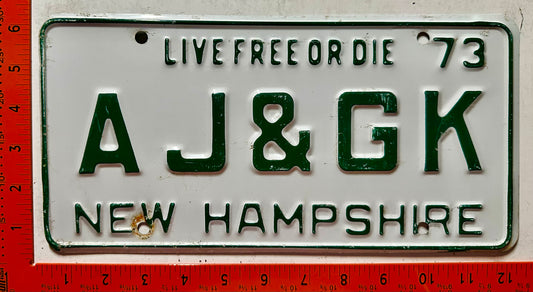 1973 New Hampshire #AJ&GK Passenger Vanity License Plate