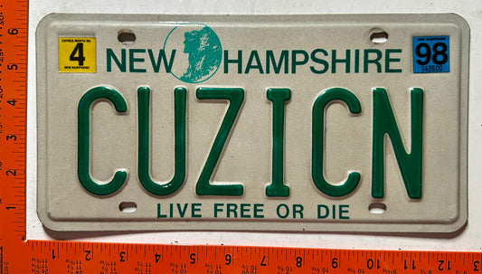 1998 New Hampshire #CUZICAN Passenger Vanity License Plate