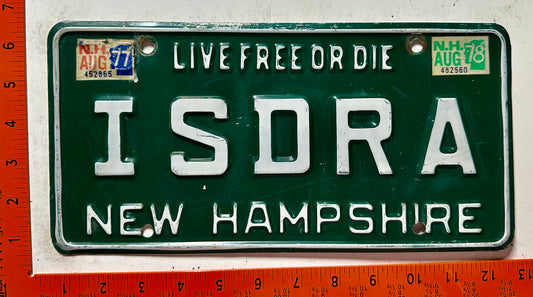 1977/1978 New Hampshire #ISDRA Passenger Vanity License Plate