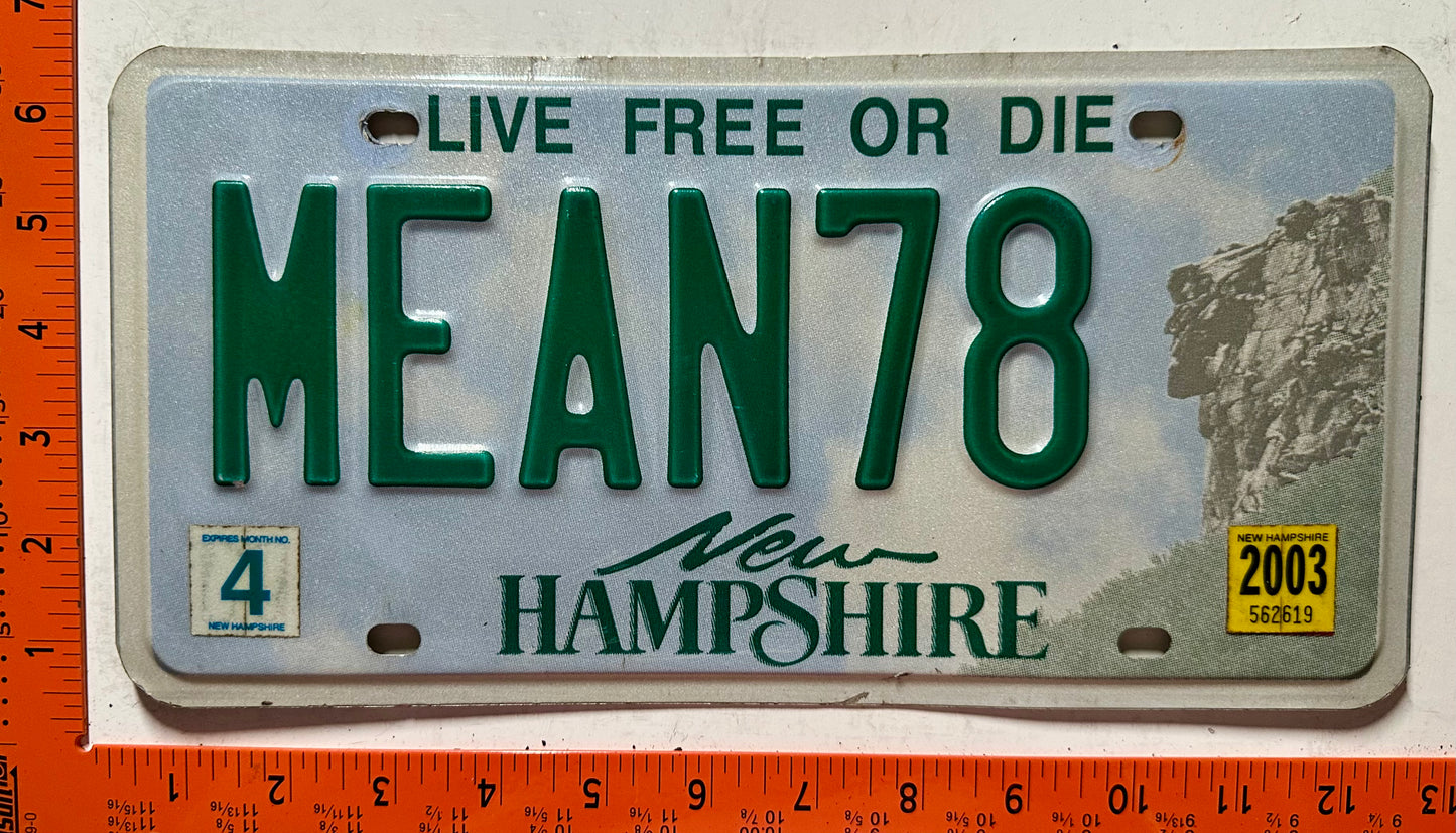 2003 New Hampshire #MEAN78 Passenger Vanity License Plate