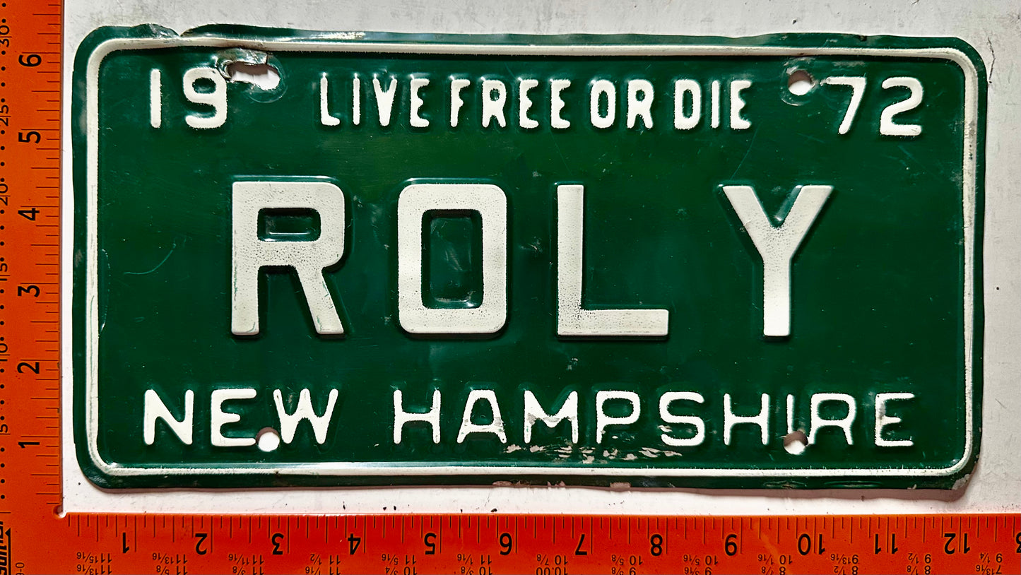 1972 New Hampshire #ROLY Passenger Vanity License Plate