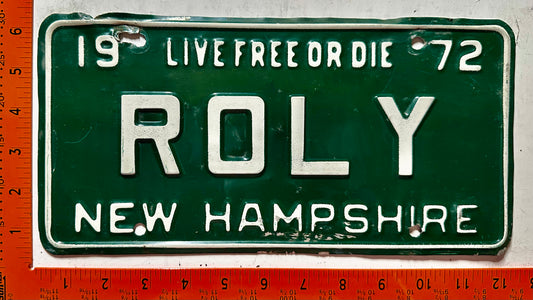 1972 New Hampshire #ROLY Passenger Vanity License Plate