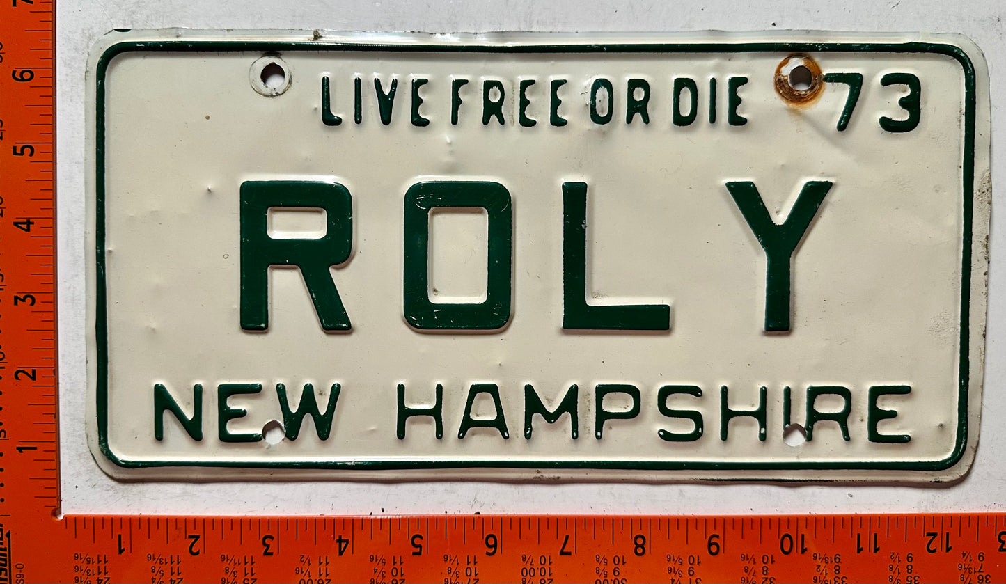 1973 New Hampshire #ROLY Passenger Vanity License Plate