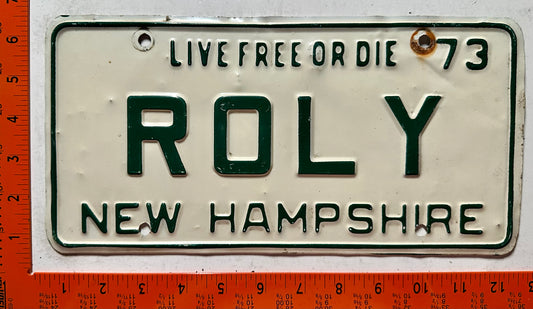 1973 New Hampshire #ROLY Passenger Vanity License Plate