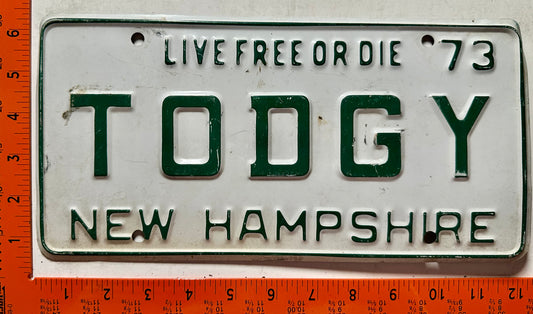 1973 New Hampshire #TODGY Passenger Vanity License Plate